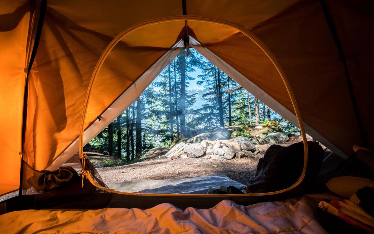 View through the front of a tent